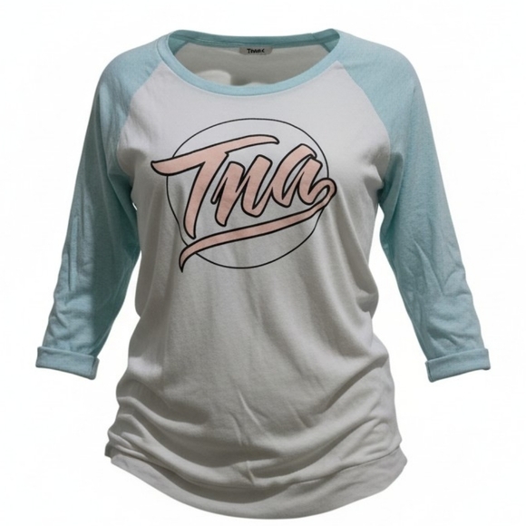 TNA Tops - NEW ♥︎ TNA • Women's White and Light Blue Graphic Raglan Baseball 3/4 Tee